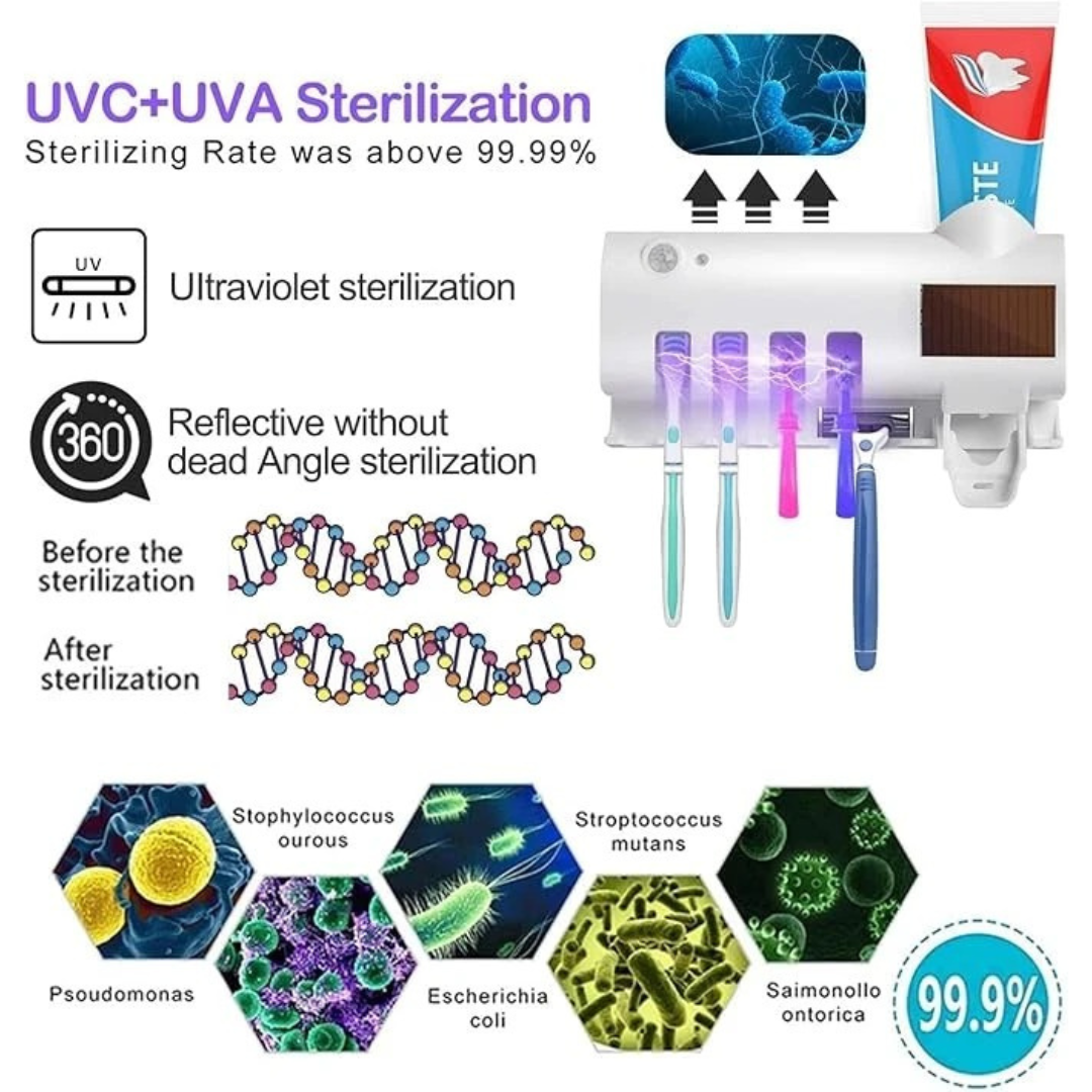 Multi-Function UV Toothbrush Sterilizer & Holder | Automatic Sanitizer with Toothpaste Dispenser & Wall-Mount Storage